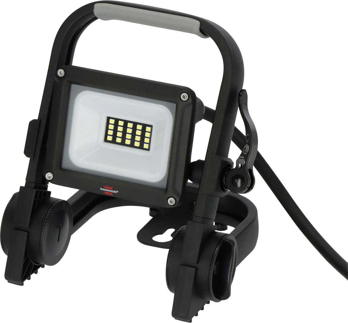 Portable black LED work light with handle and adjustable stand on a white background, connected by a power cord.