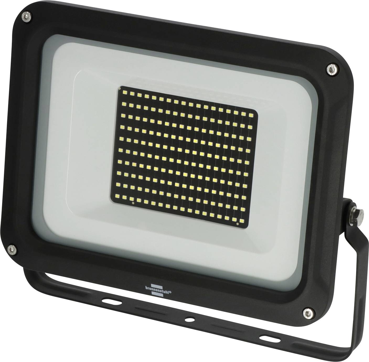 Black rectangular LED floodlight with a square LED panel and mounting bracket.