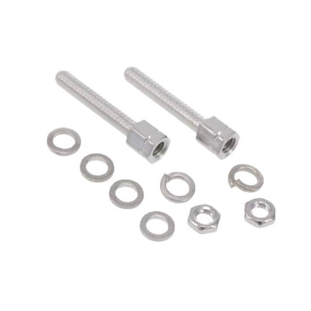 Two silver threaded screws, surrounded by washers, nuts, and split rings, on a white background.