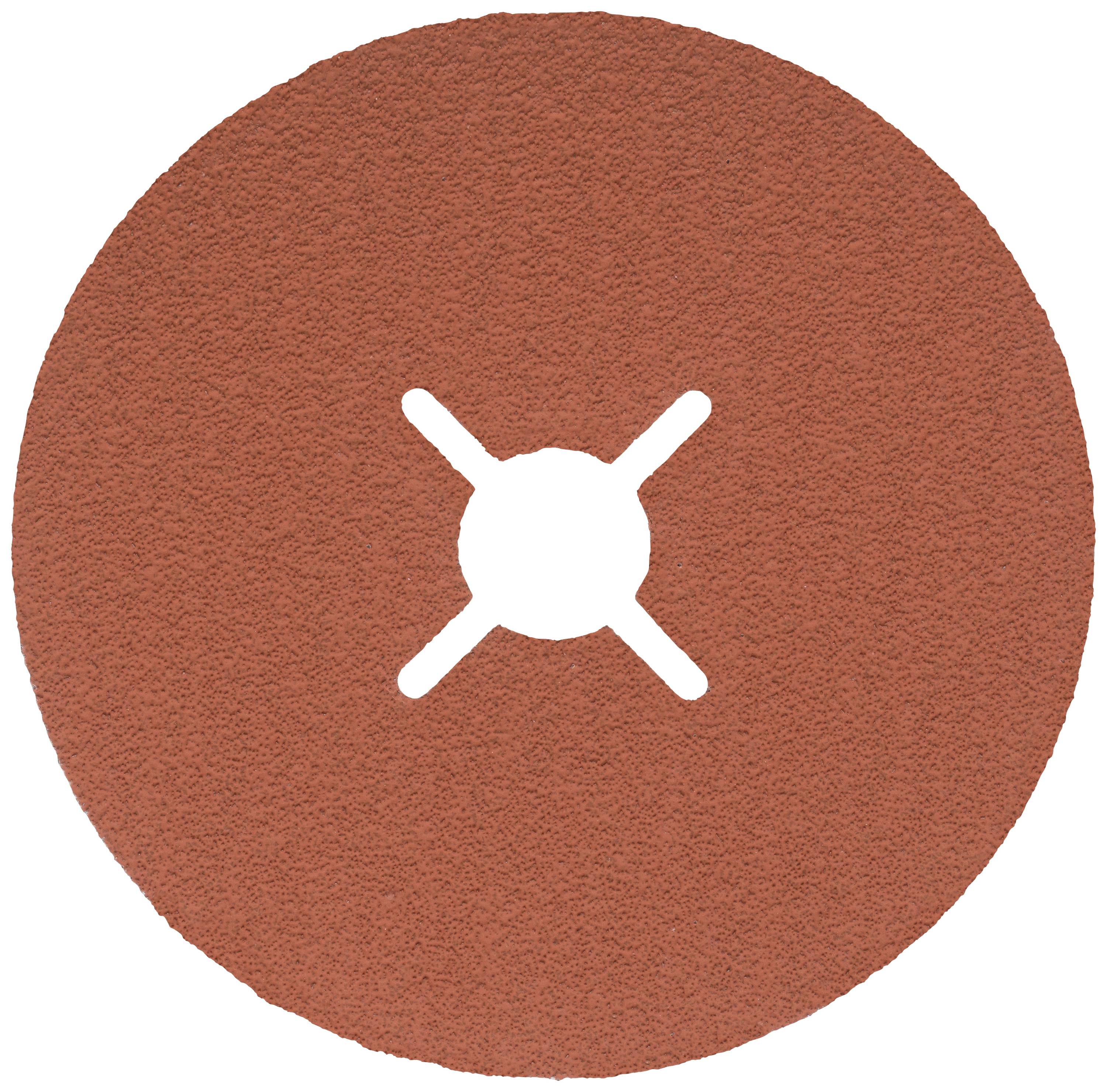 Red abrasive paper sheet with a central hole and four radially symmetrical slits, typical accessory for grinding machines.