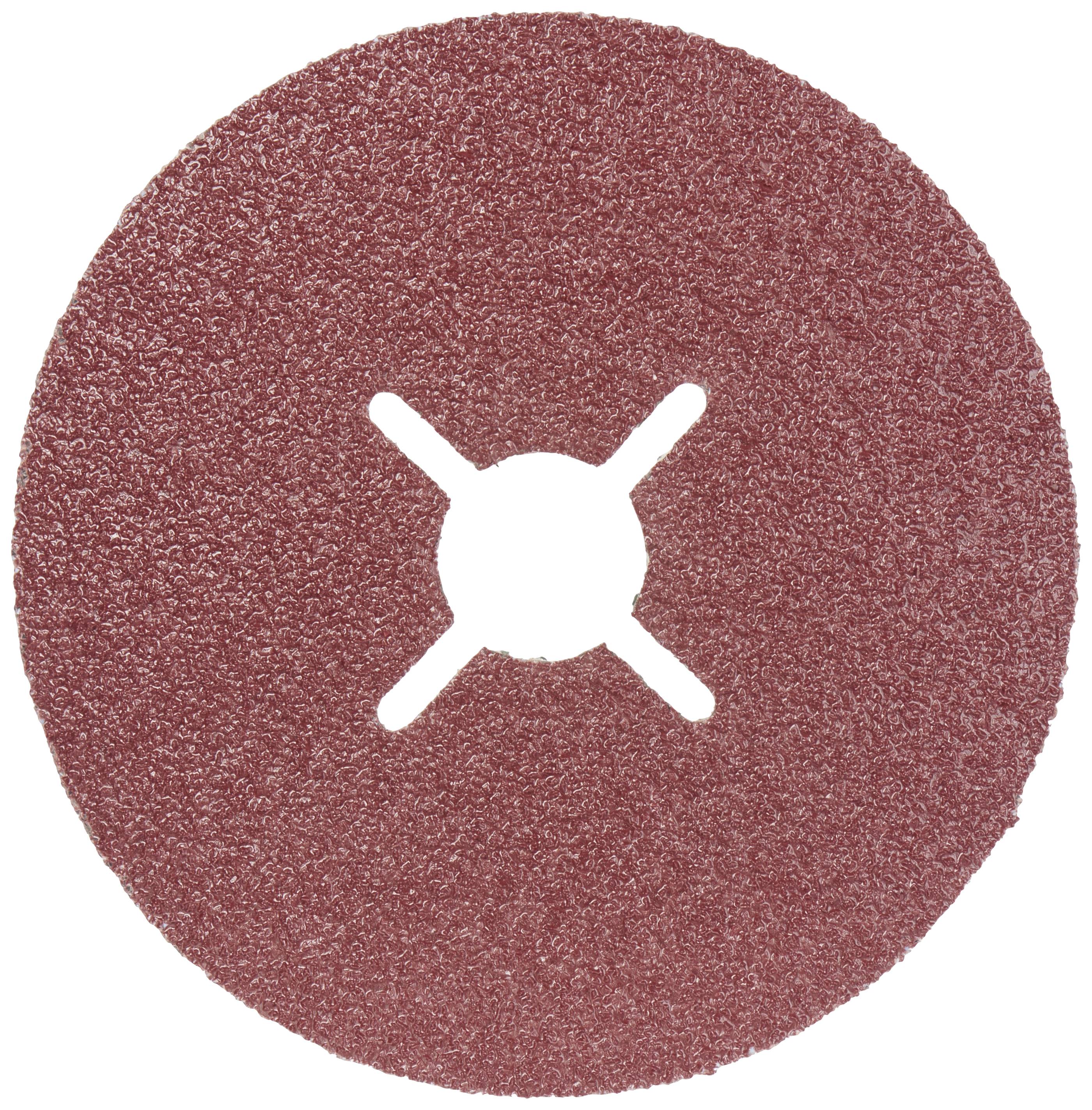 A round, red grinding disc with an X-shaped recess in the centre, likely for use in a grinding machine.