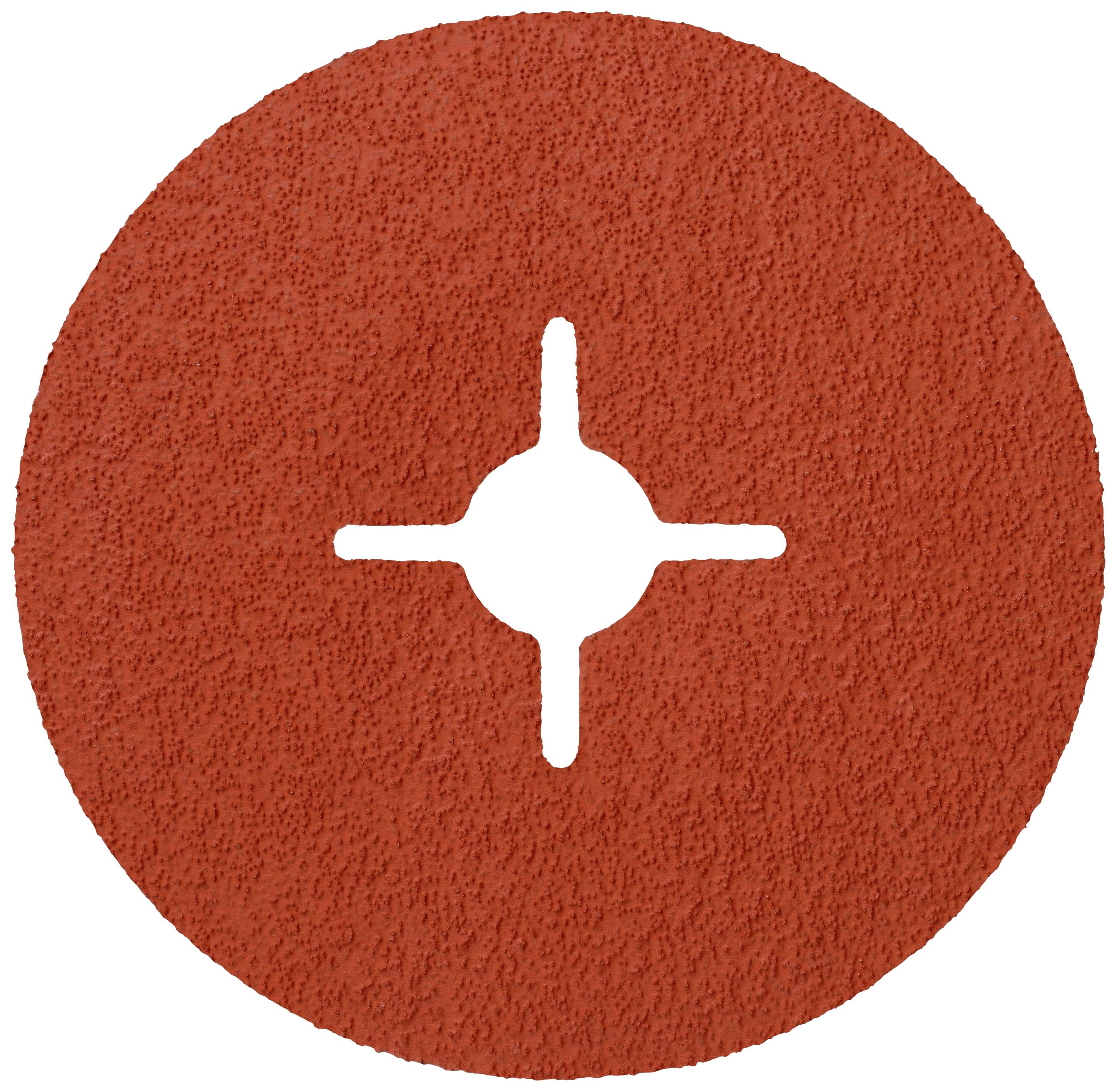 A red grinding disc with a cross-shaped opening in the centre, for attachment to grinding machines, used for metallic surface treatment.