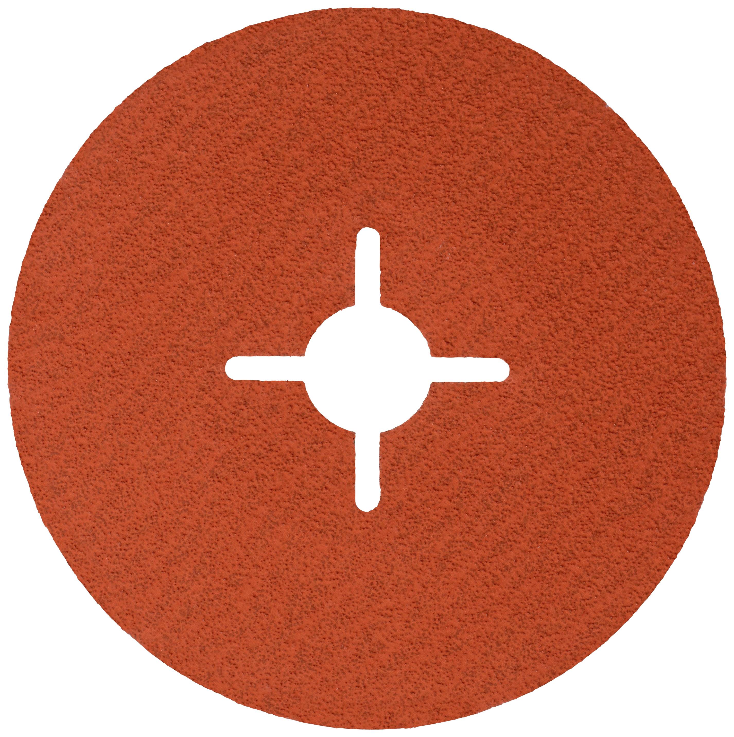 Red, round sanding disc with a central cross-head slot for mounting on a grinding machine. Suitable for metalworking.