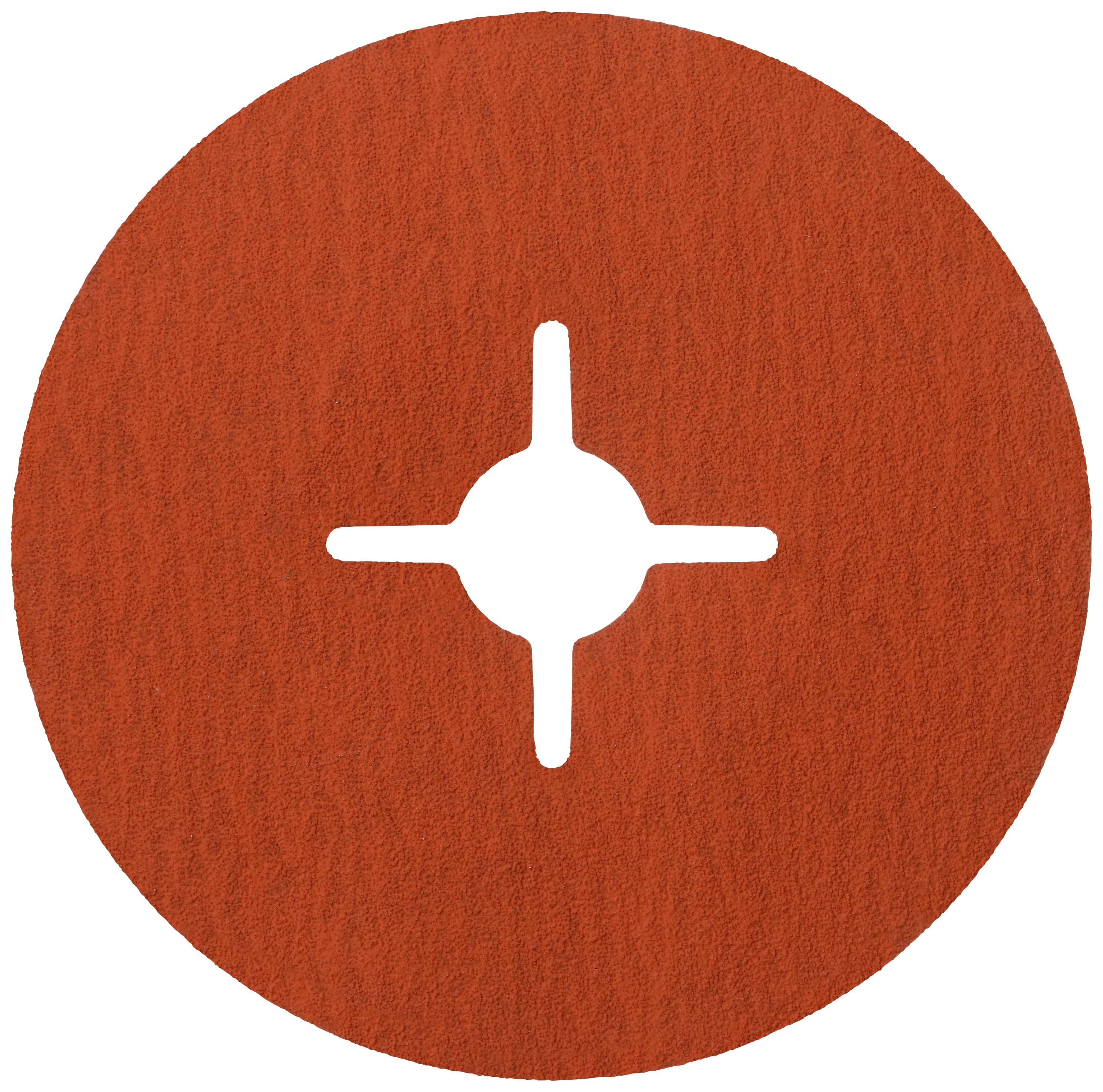 Circular, red sanding pad with a cross-shaped recess in the centre, suitable for use on grinding machines for floor processing.