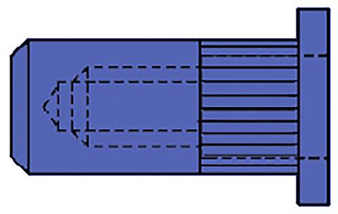 Cross-section of a blue screw with flange. Shows thread turns and internal structure through dashed lines.