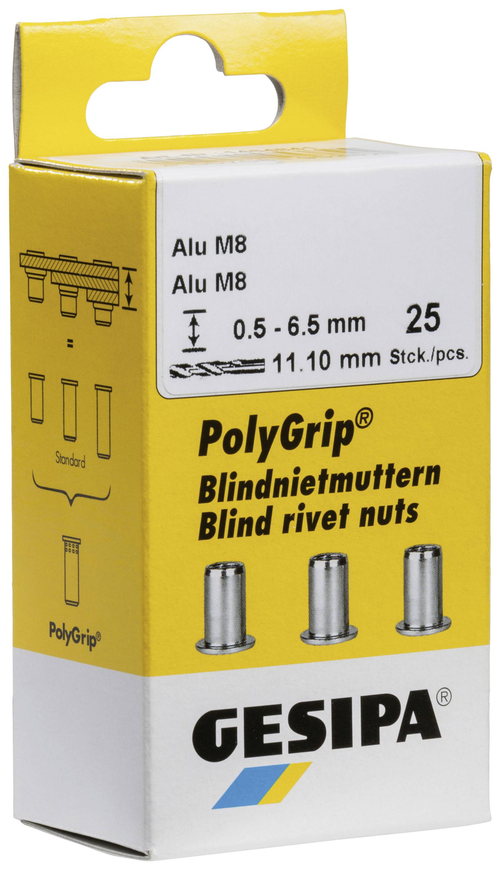 Gesipa PolyGrip Rivnuts, Aluminium M8, for Sheets 0.5-6.5 mm, Pack of 25. Illustration of three rivnuts, Yellow/White Packaging.