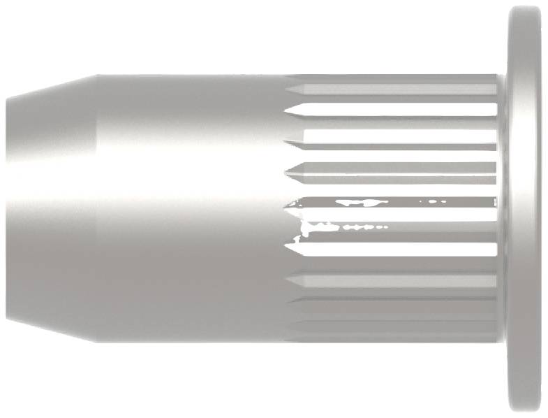 Metal screw with ribbed shaft and flat head, side view.