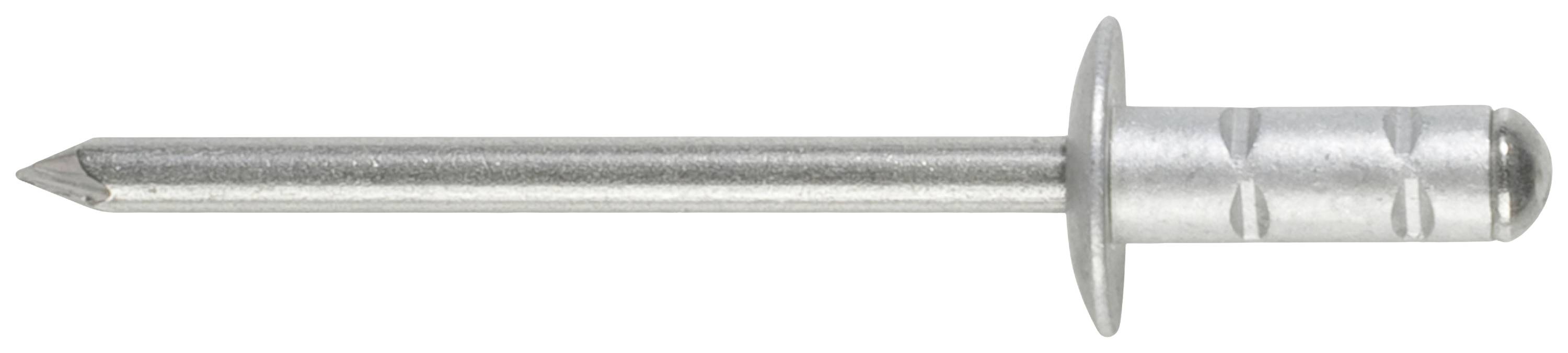 A silver blind rivet with a flat head and a knurled shaft, against a white background.