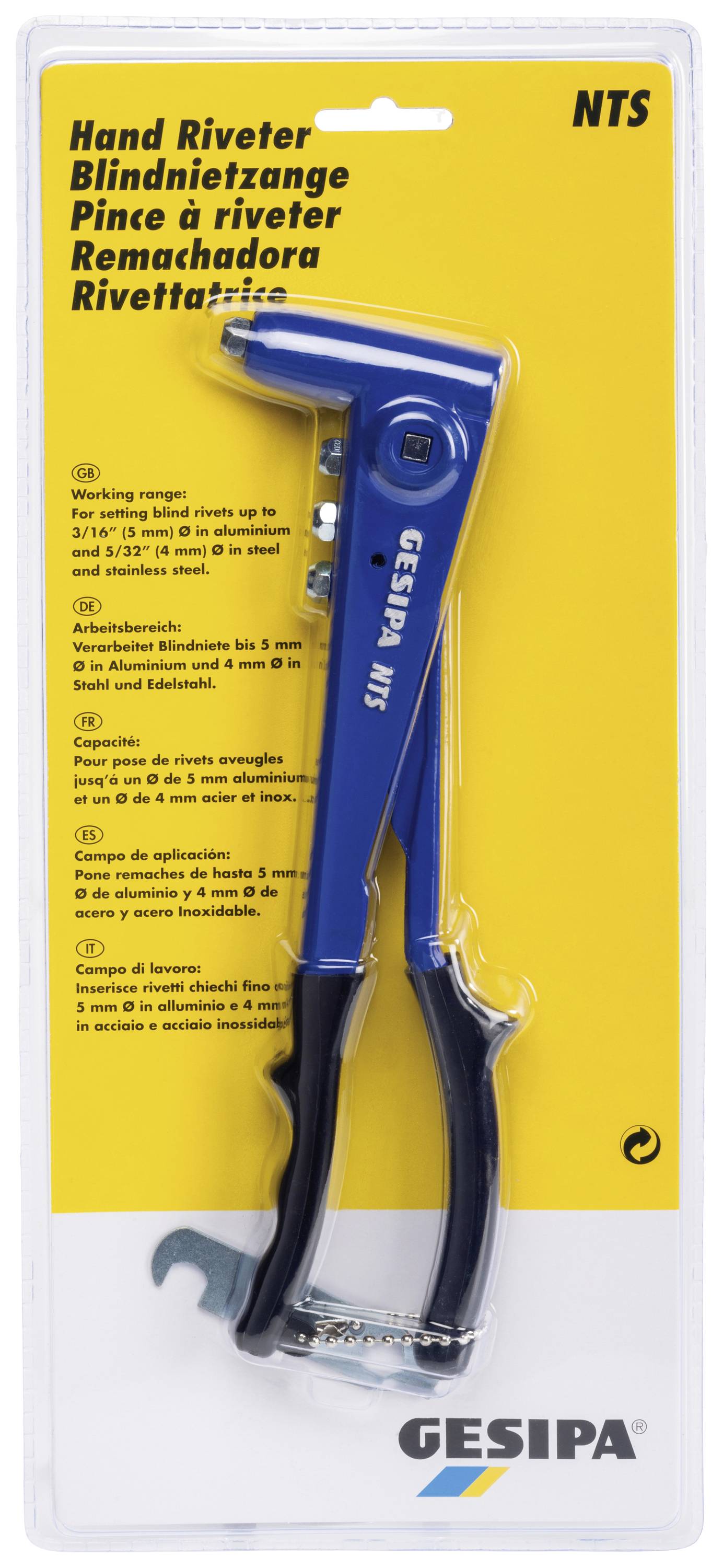 Aluminium hand riveter NTS by Gesipa in a plastic packaging. Suitable for 3mm to 5mm rivets, with ergonomic grip.