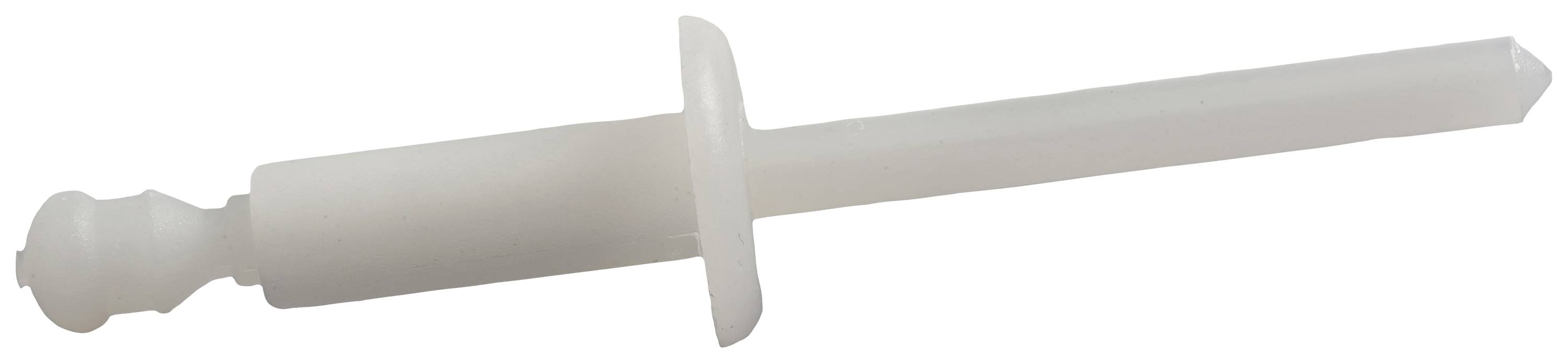 A white plastic wall plug with a round head and a narrow, long shank, used for fixing and mounting purposes.
