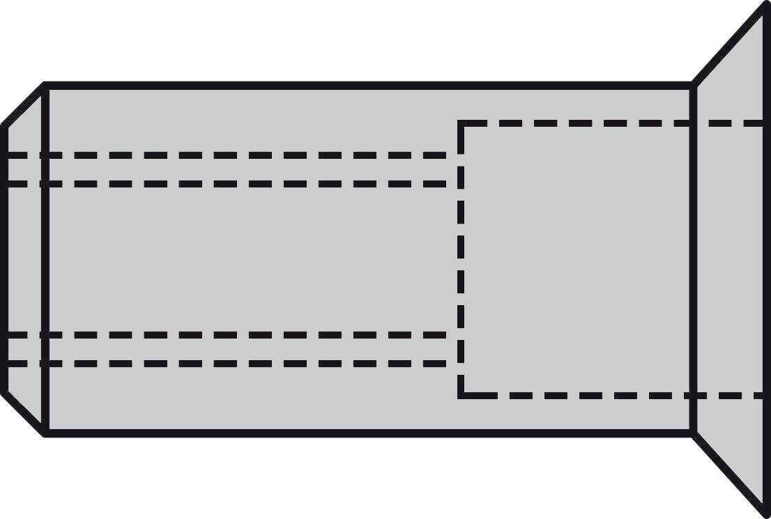 Grey paper model of a rectangular box, laid flat, with dashed fold lines; shows the shape and folding instructions.