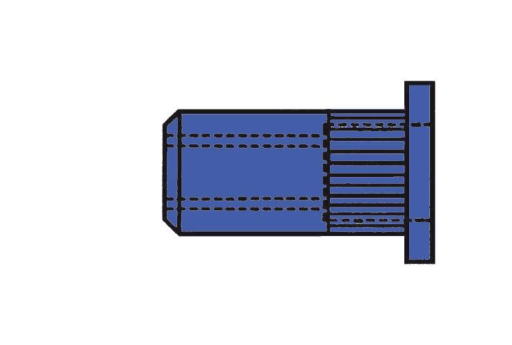 Technical drawing of a blue bolt with thread and flange on the right. Grade and dimensions are missing.