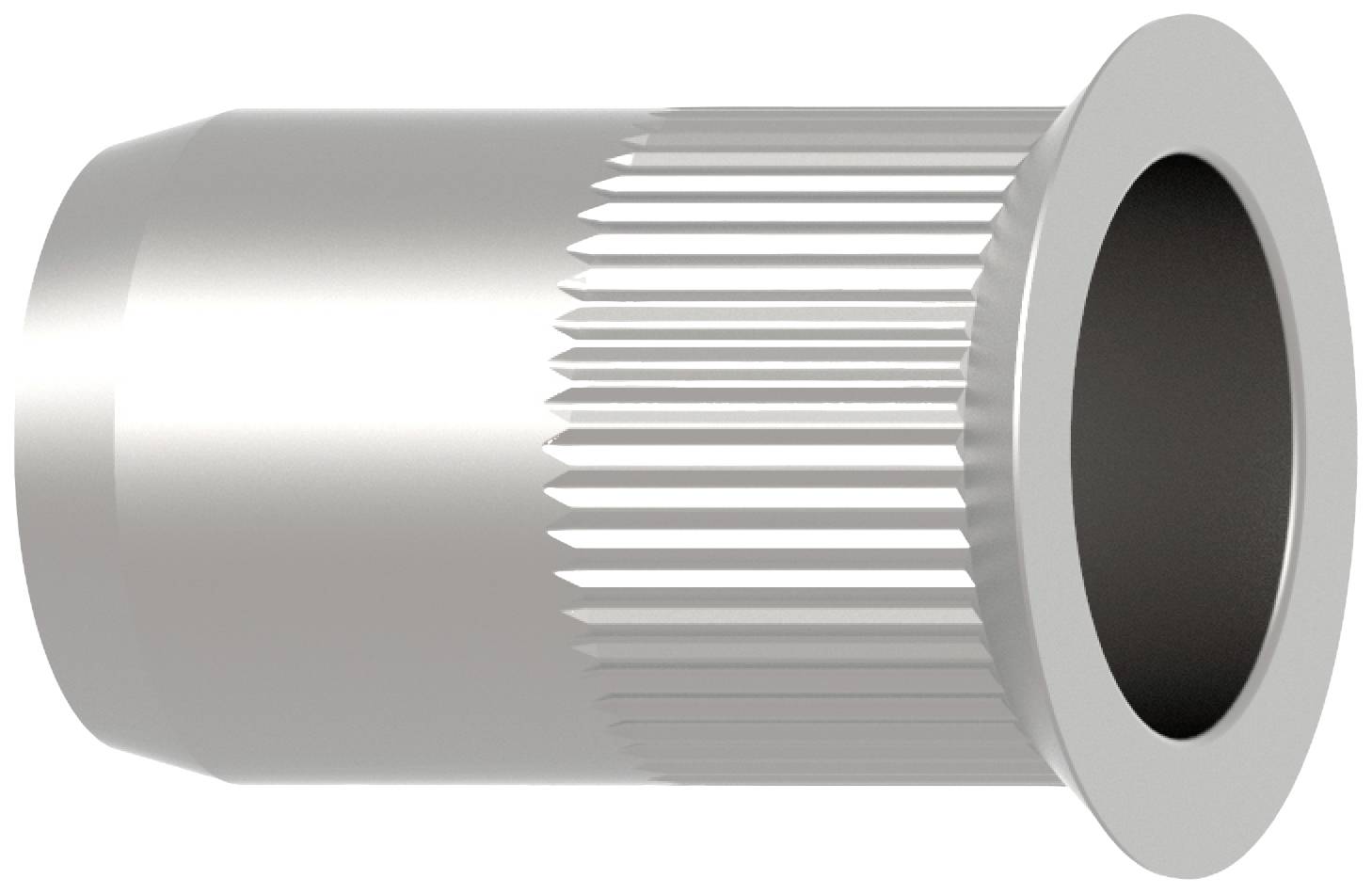 Silver-coloured, ribbed metal cylinder with an open end, used for fastening or connecting in mechanical constructions.