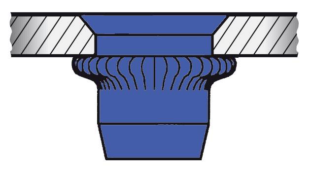 Cross-section of a blue flange seal with metal-reinforced structure. Shows construction details and composition.