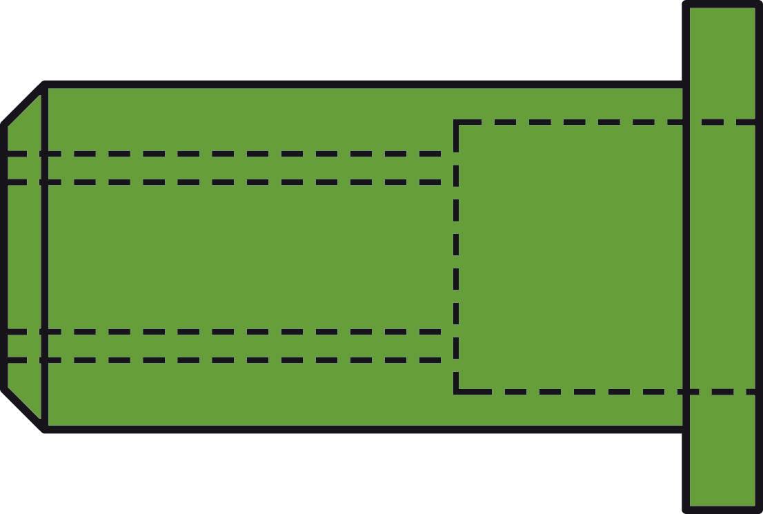 Technical drawing of a green machine component with flange and cylindrical form, with dashed lines indicating dimensions.