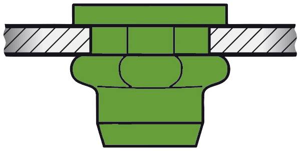 Cross-section of a green mechanical seal with a grey mounting surface illustrated.