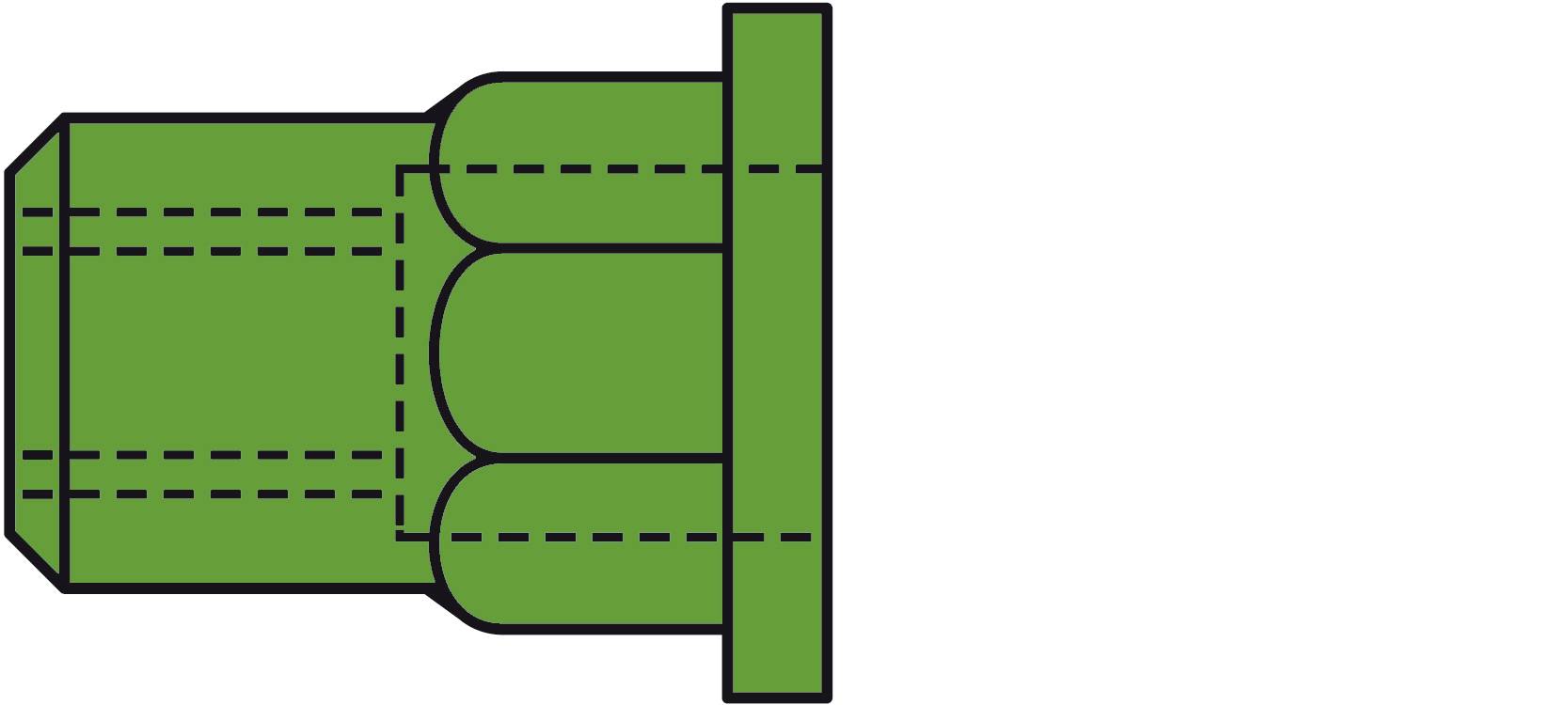 Technical drawing of a green pipe with a flange and cross-section details, depicted with dashed lines.