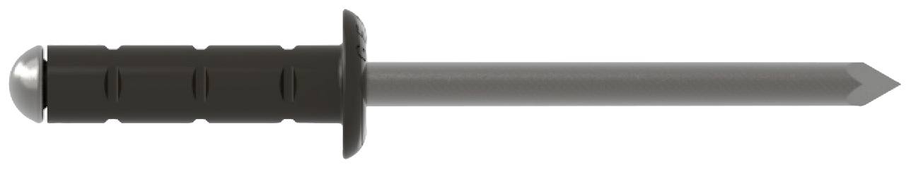 A black round-headed panel pin with a sharp point, used for fixing in construction and electrical work.