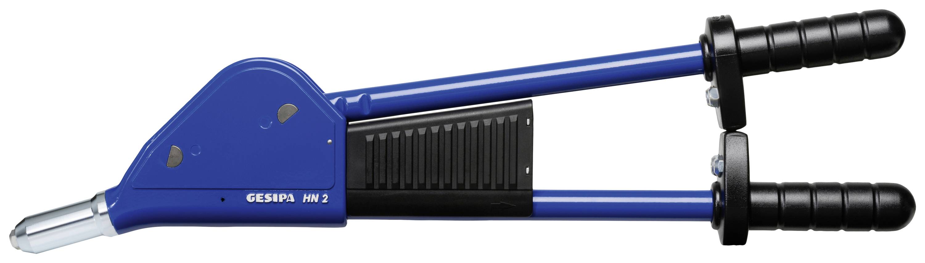 A blue manual riveting pliers with two black handles, used for fastening rivets.