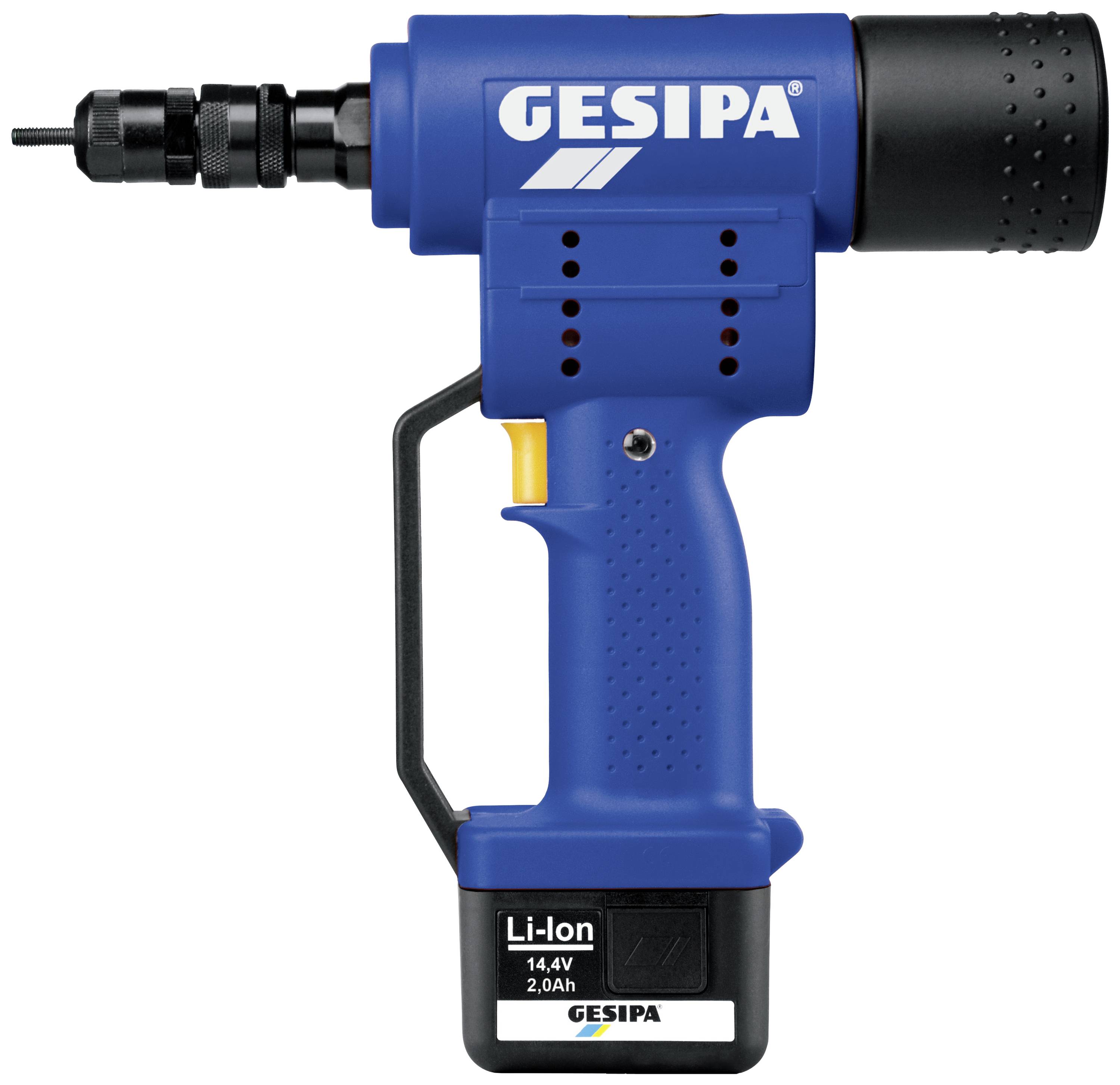 Blue, battery-powered riveting gun by Gesipa with a black handle and Li-Ion 14.4V 2.0Ah battery.