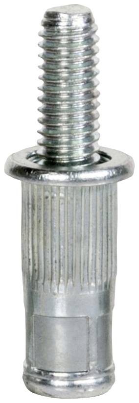Illustrated is a metallic expanding wall plug with a ribbed shank and a screw thread at its tip.