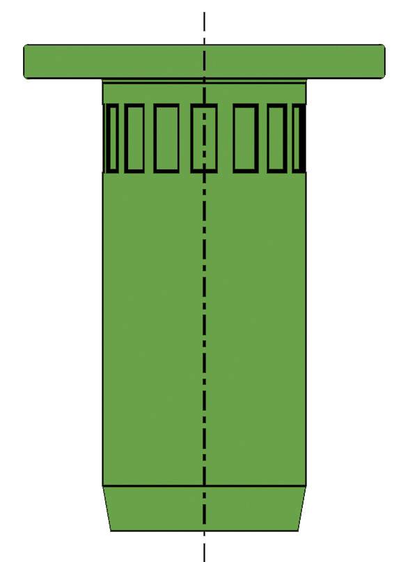 Green vertical non-return valve with central dividing line. Rectangular slots on the upper surface.