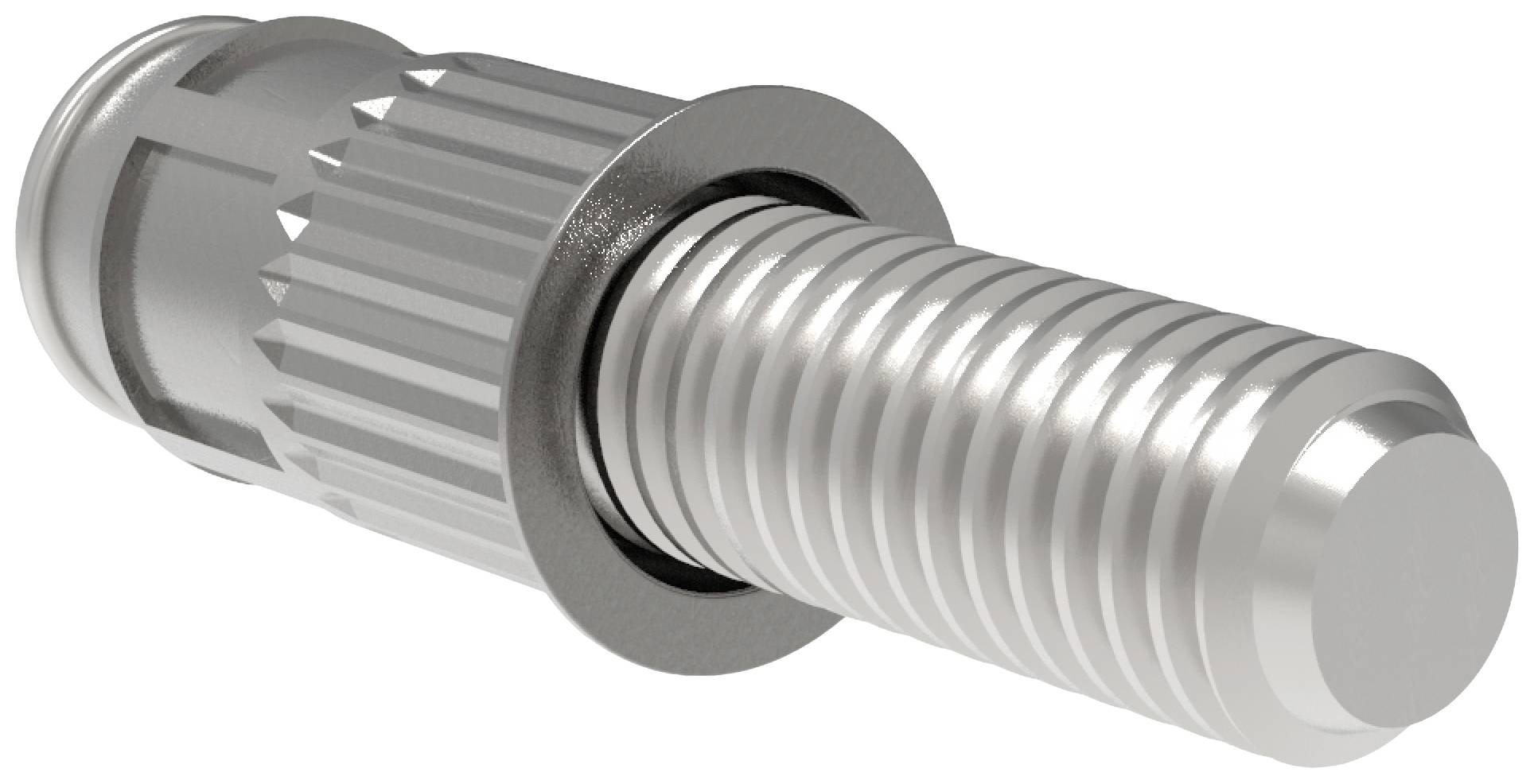 High-precision metal bolt with a knurled section and threaded screw thread, against a white background. Industrial component for technical applications.