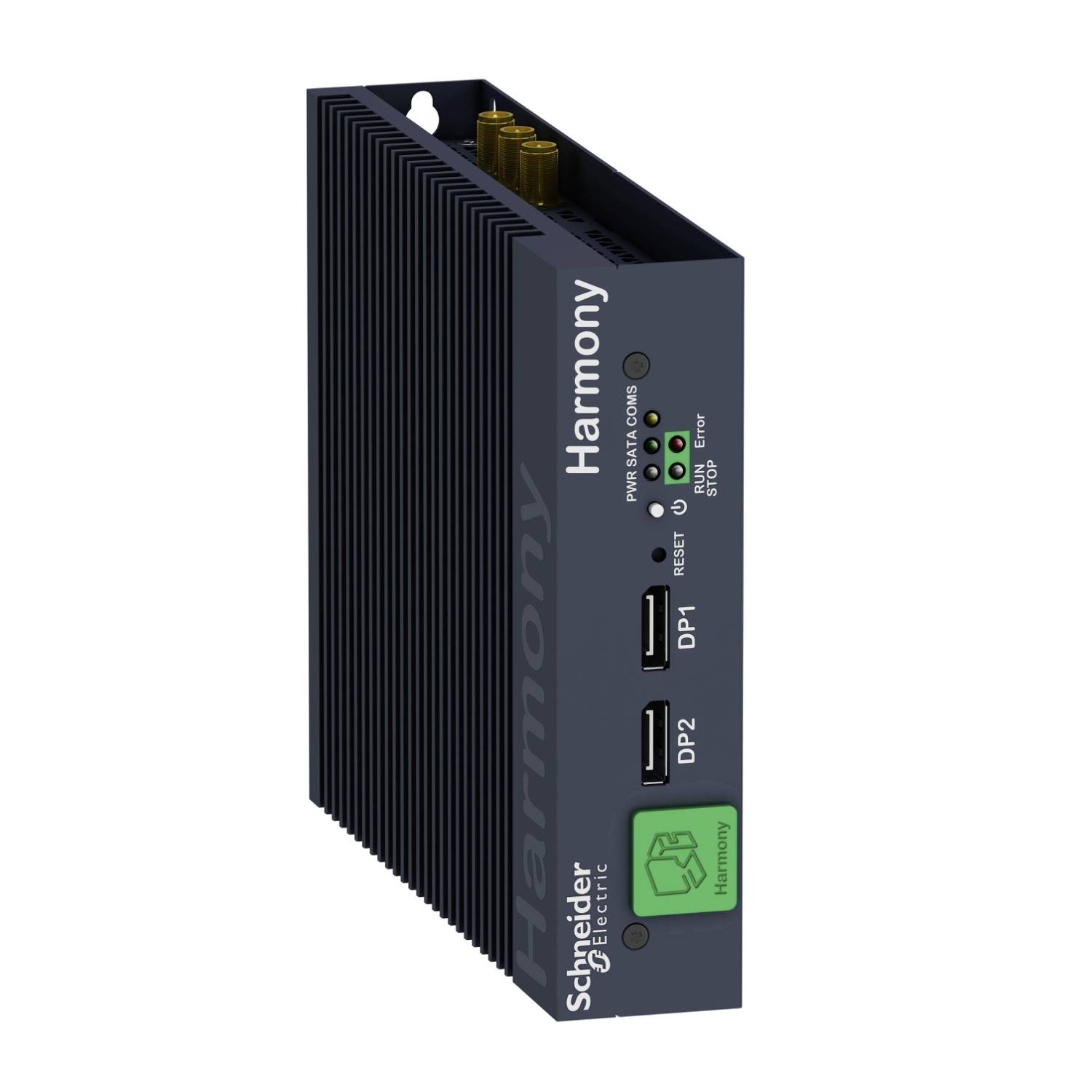 A black edge box computer from Schneider Electric with the inscription 'Harmony'. It features two DP ports and function buttons.