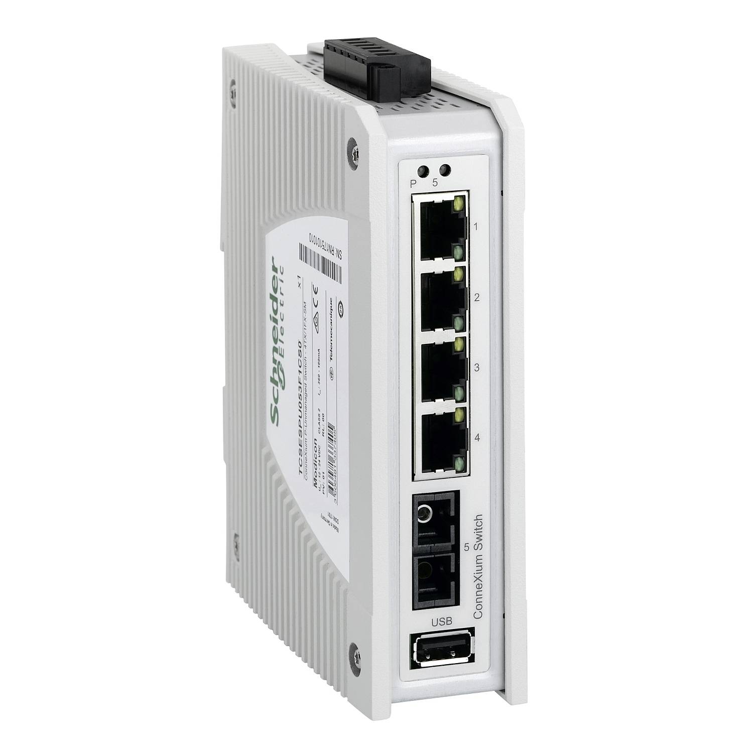 Industrial network switch with five Ethernet ports, USB connection and markings on white enclosure, suitable for industrial applications.