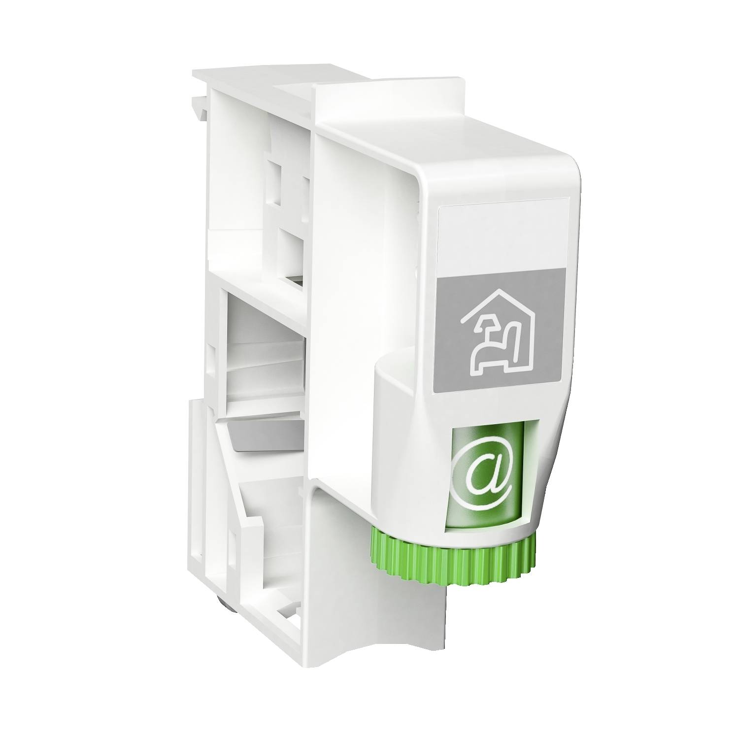 A white plastic plug with a green wheel and symbols for residential buildings and email. Suitable for home networks.