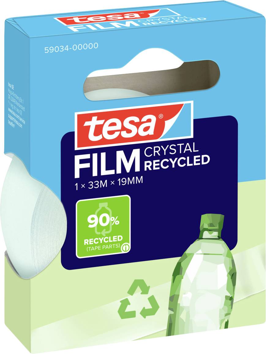 A package of 'tesa Film Crystal Recycled', featuring a 33m x 19mm recycled tape roll, 90% recycled material content, with a bottle icon.