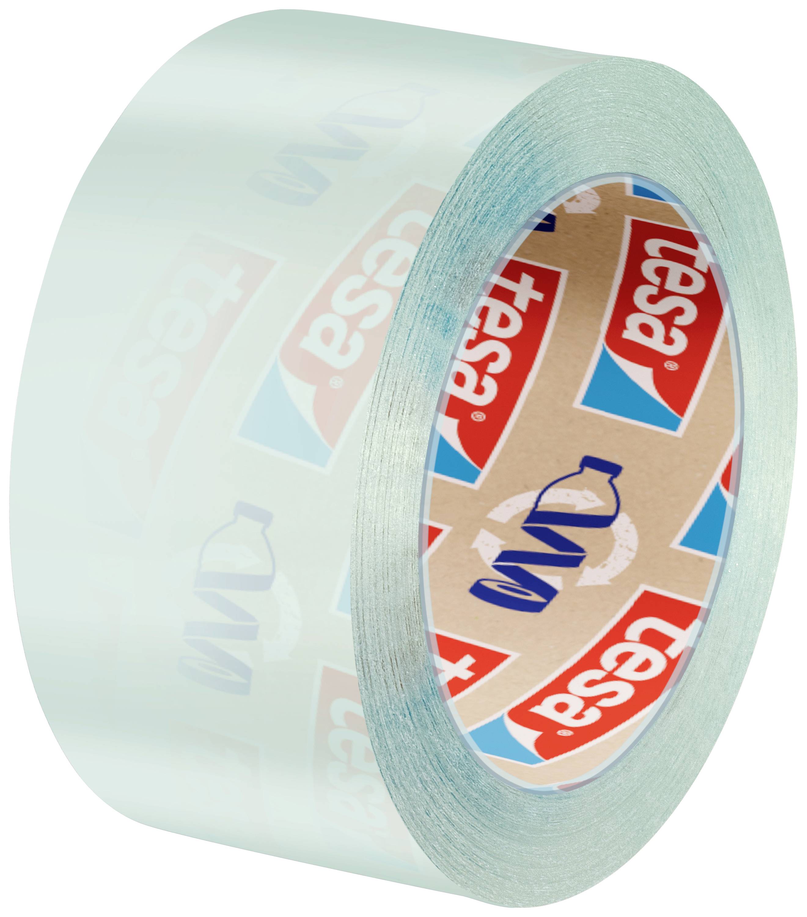 A roll of transparent adhesive tape, 'tesa' brand, standing upright with a red and white printed logo on the inside.