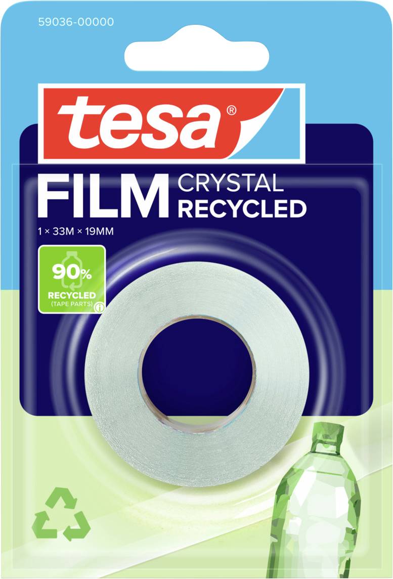 Packaging of 'tesa' crystal-recycled adhesive tape, showing a roll of tape, recycling logo, and a plastic bottle image indicating 90% recycled materials.