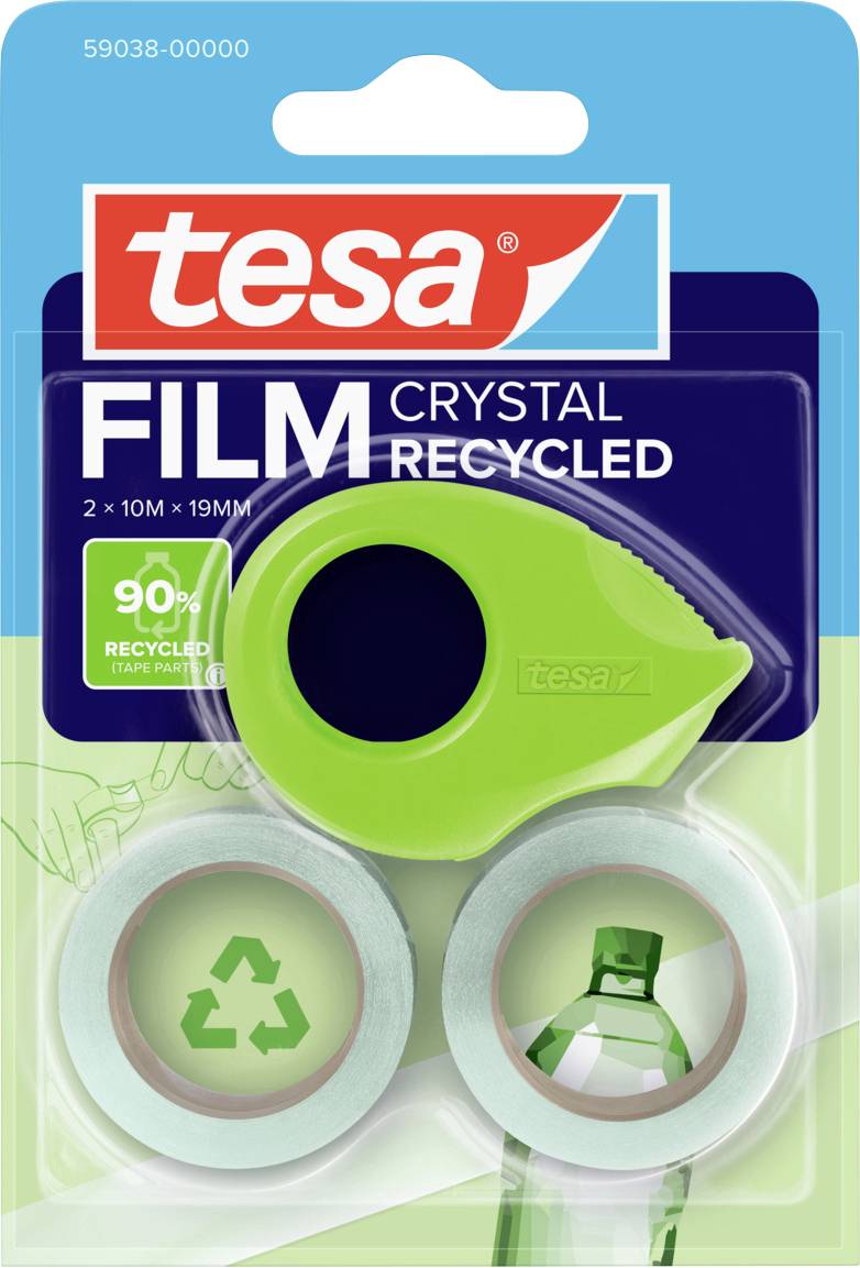 Package of tesa FILM Crystal Recycled, includes a green tape dispenser and two rolls of tape, highlighting 90% recycled material.