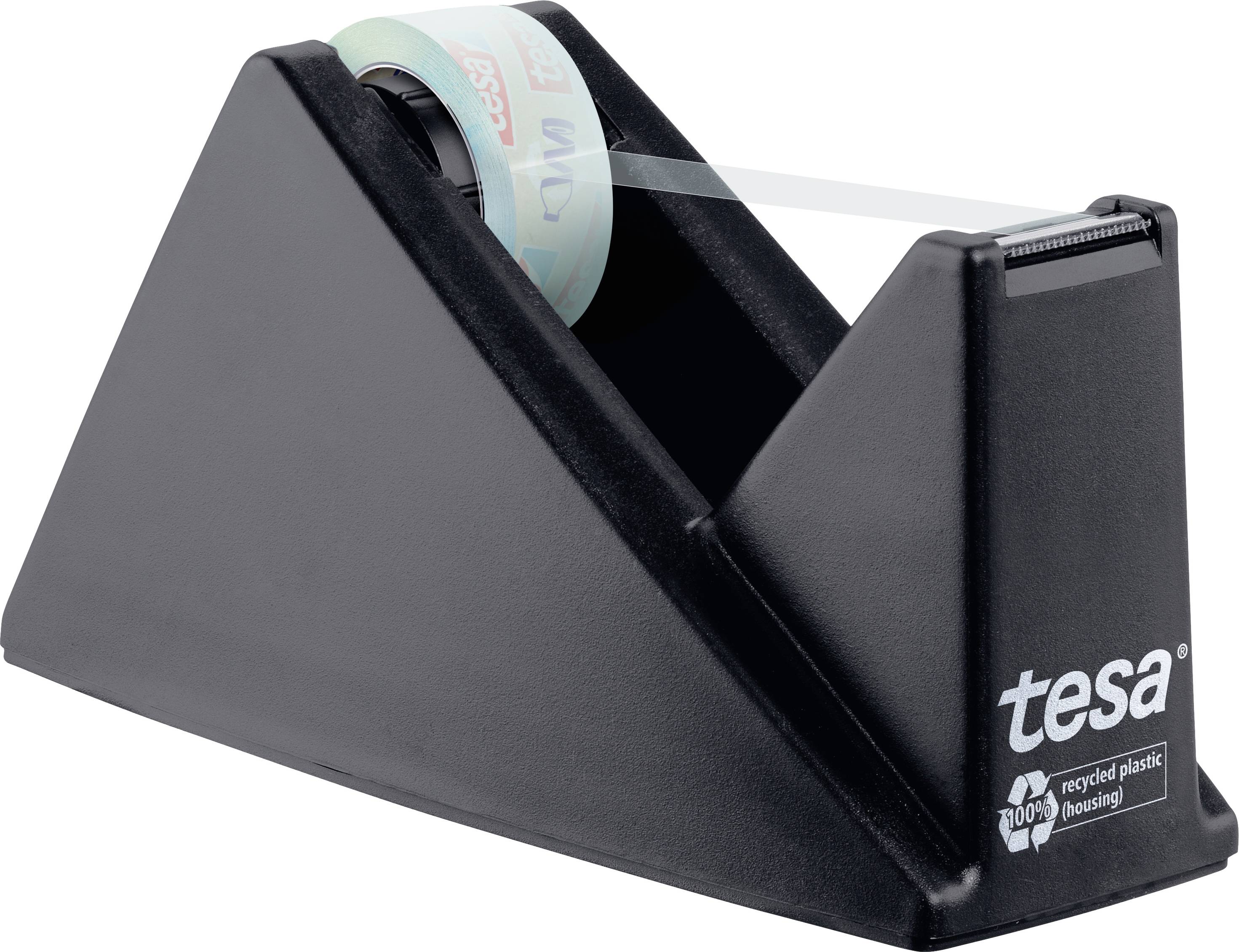 A black sellotape dispenser made from recycled plastic, dispensing a strip of transparent adhesive tape.