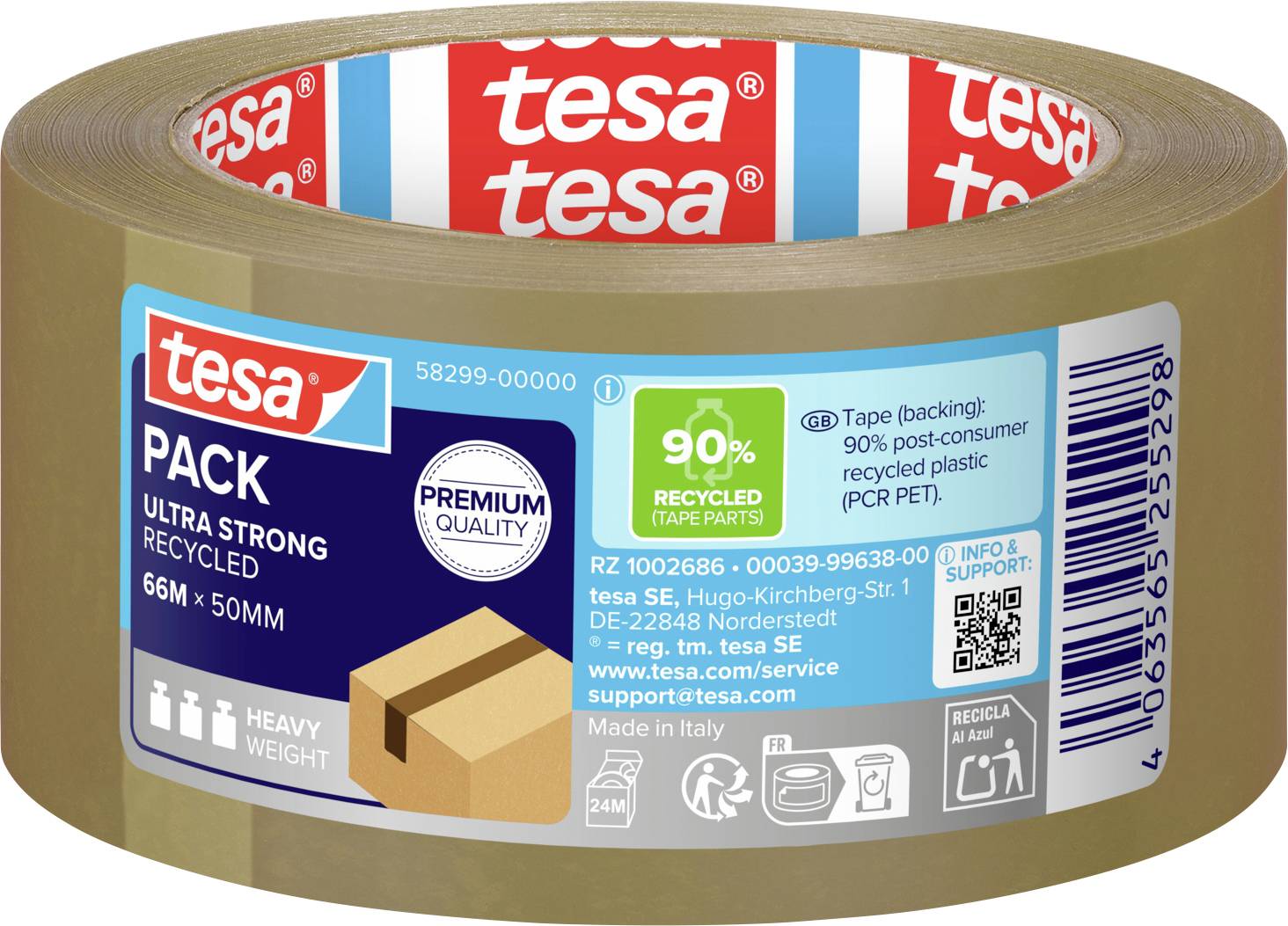 Ultra strong recycled packing tape, 66m x 50mm, premium quality, 90% recycled parts, heavy weight; tesa brand.