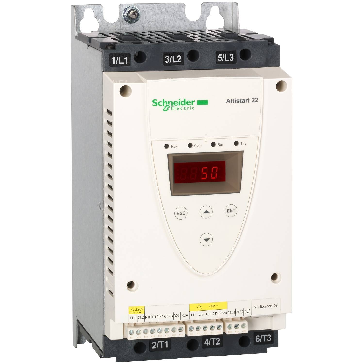 A white Altistart 22 soft starter from Schneider Electric with a digital display and control buttons for motor management.