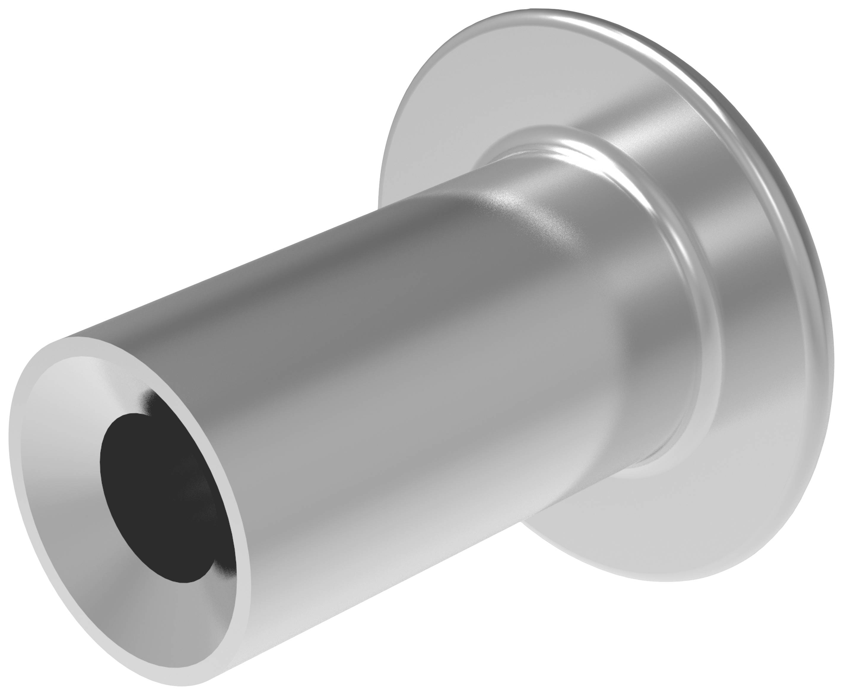 Silver cylindrical metal adapter with a wide base and open end.