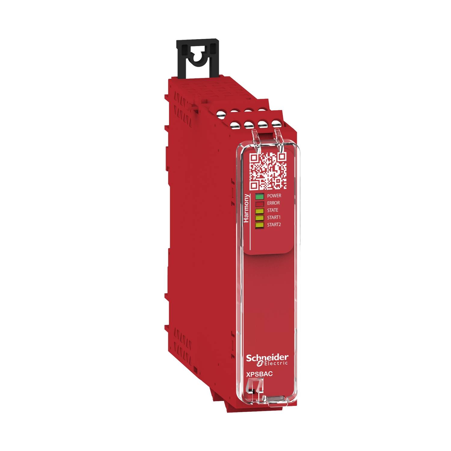 Red safety relay module from Schneider Electric with label 'XPSBAC' and LED indicators for Power, Start and Status.