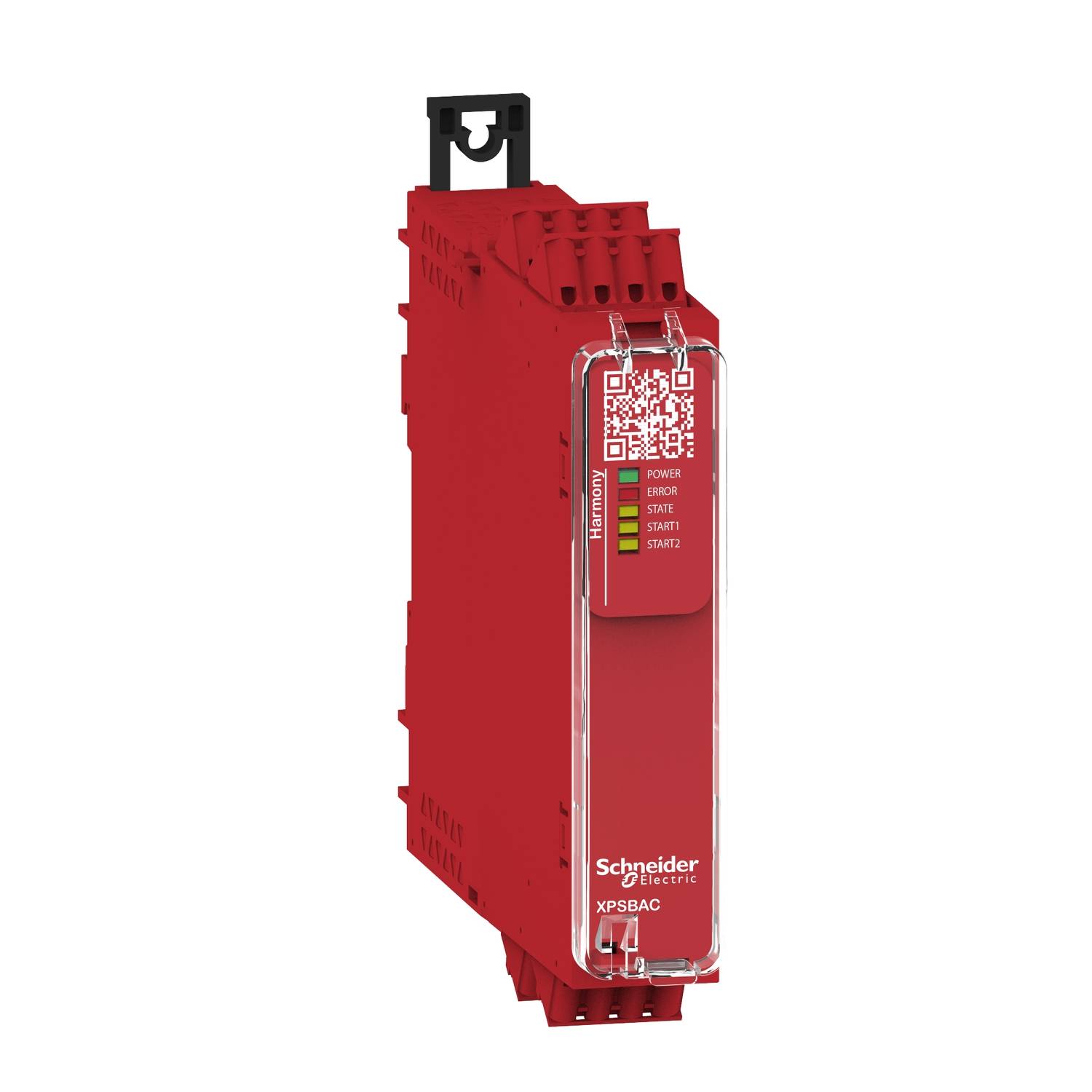 Red electronic device by Schneider Electric with the label 'XPSBAC'. It features multiple status indicators and a QR code.