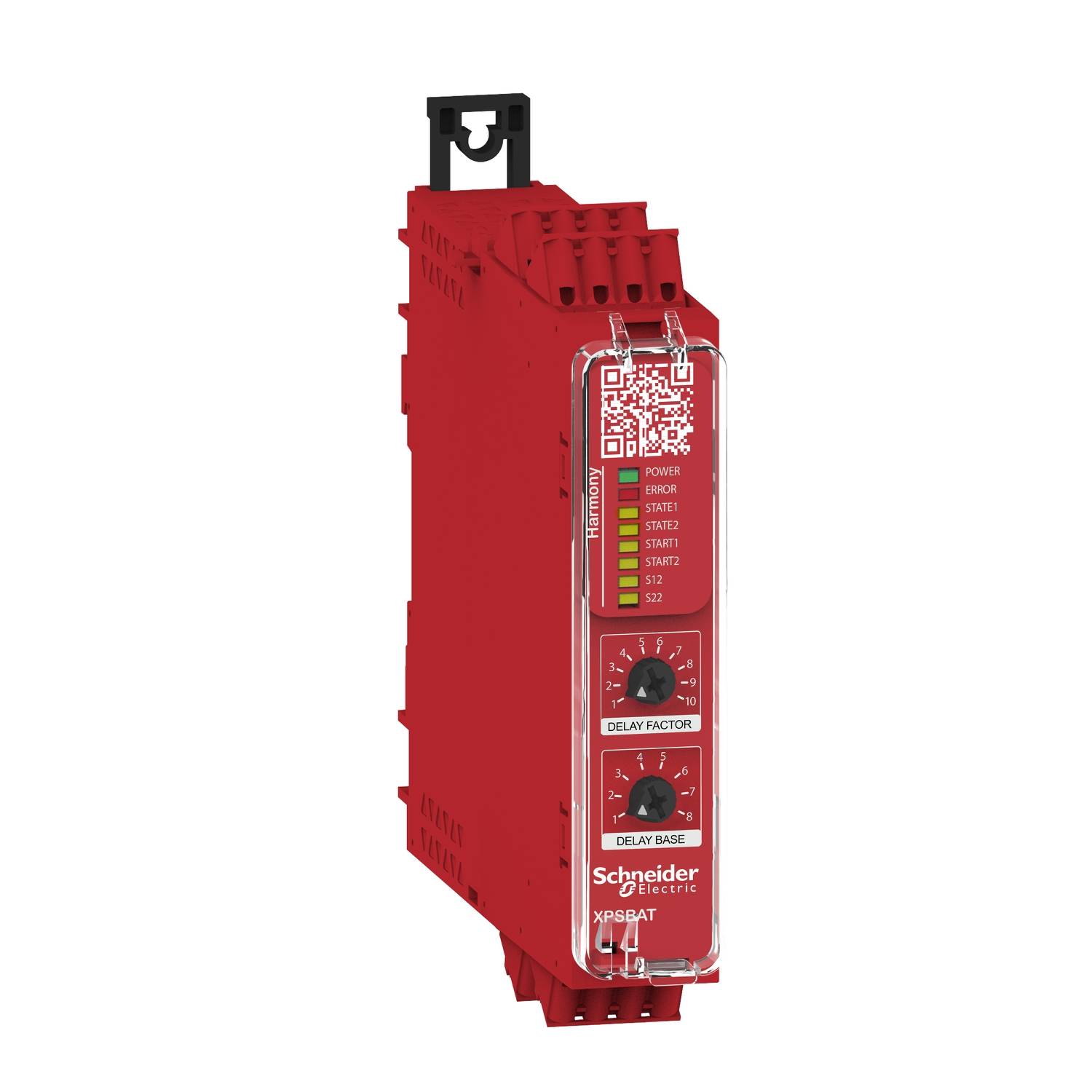 The image depicts a red Schneider Electric XPBHAT device with a QR code and delay time settings.