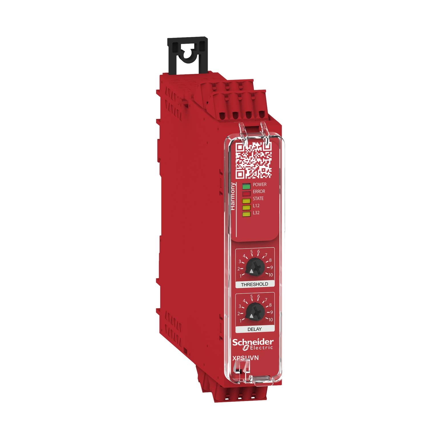 A red electric control unit by Schneider Electric, model XPSAFN. Suitable for safety control systems, with rotary switches.