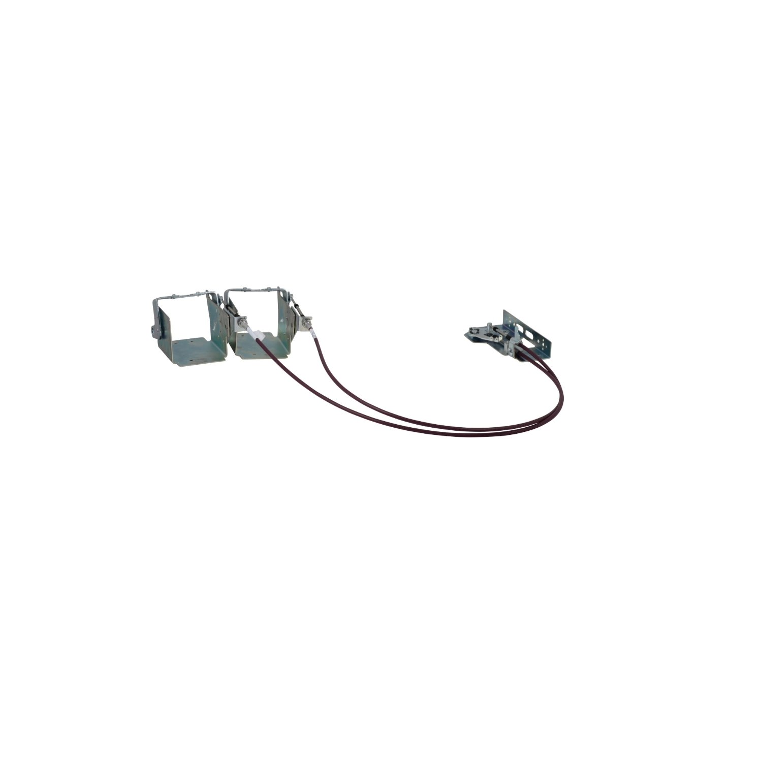 Two metal cages connected by a cable. Another metal component is located on the right. Potentially an electrical component.