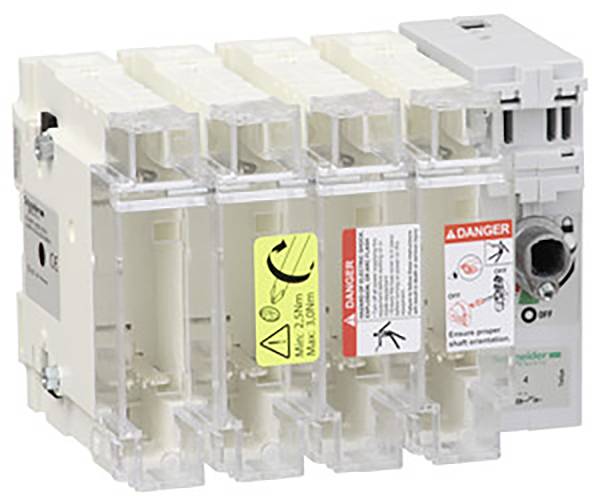 A four-pole circuit breaker with warning labels and control elements on the right side.