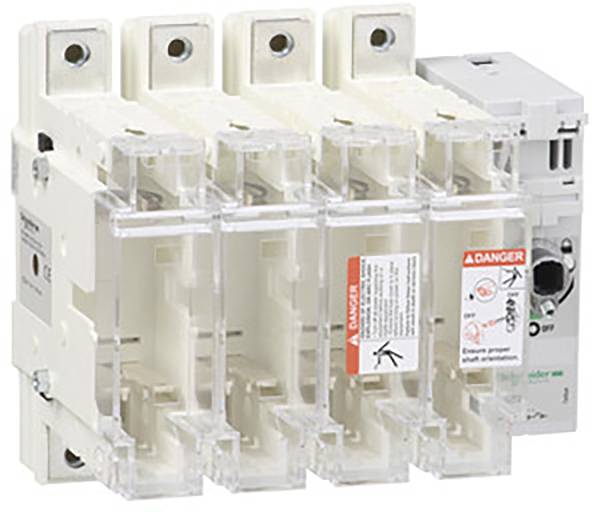 A white electrical switch with protective devices and stickers indicating potential hazards.