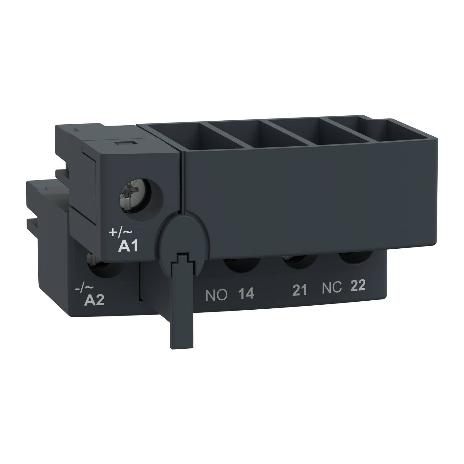 Black electric switching relay with inscription 'A1', 'A2', 'NO 14', '21', 'NC 22'. Three connection chambers at the top.