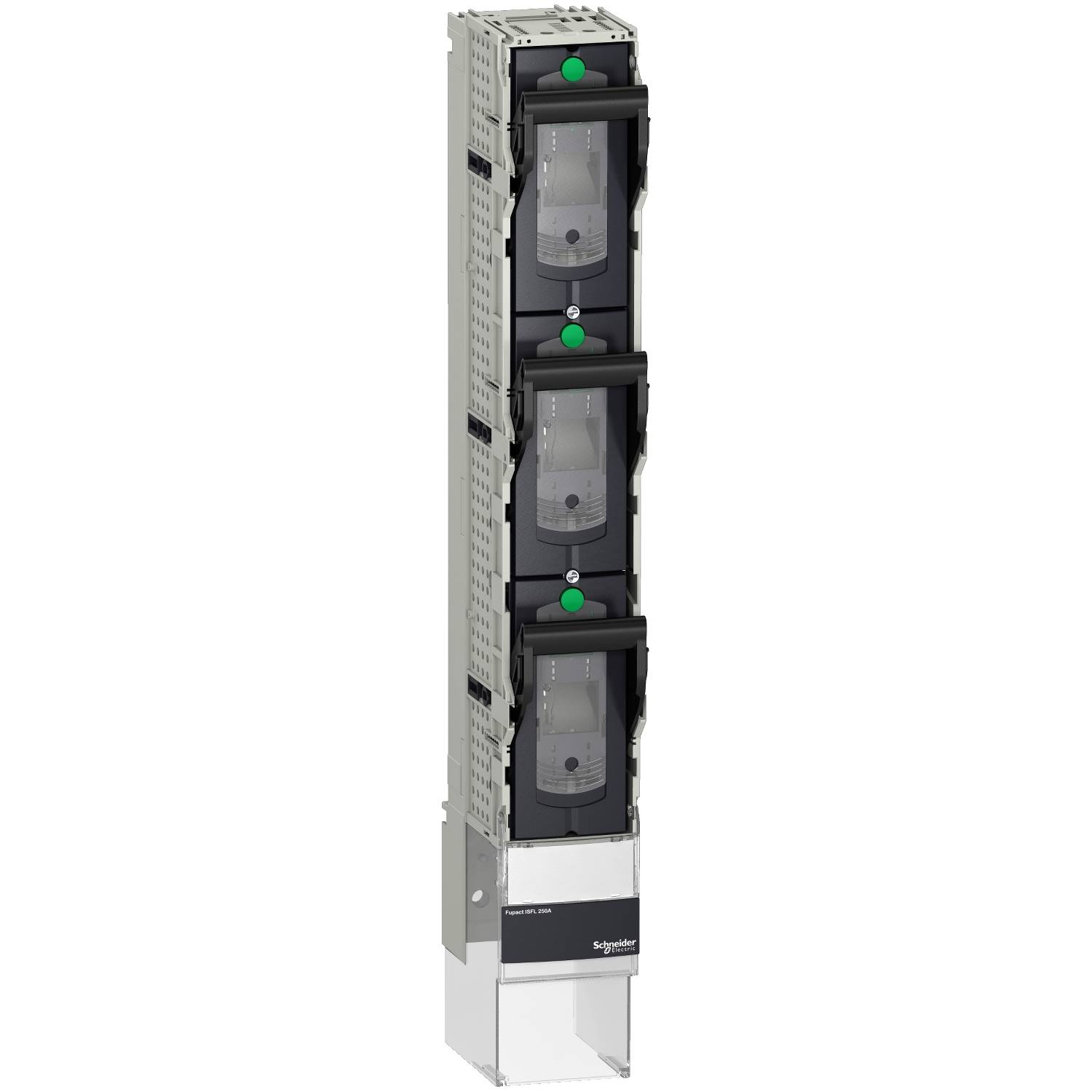 Four Schneider Electric load break switches in a vertical housing arrangement for electrical distribution applications.