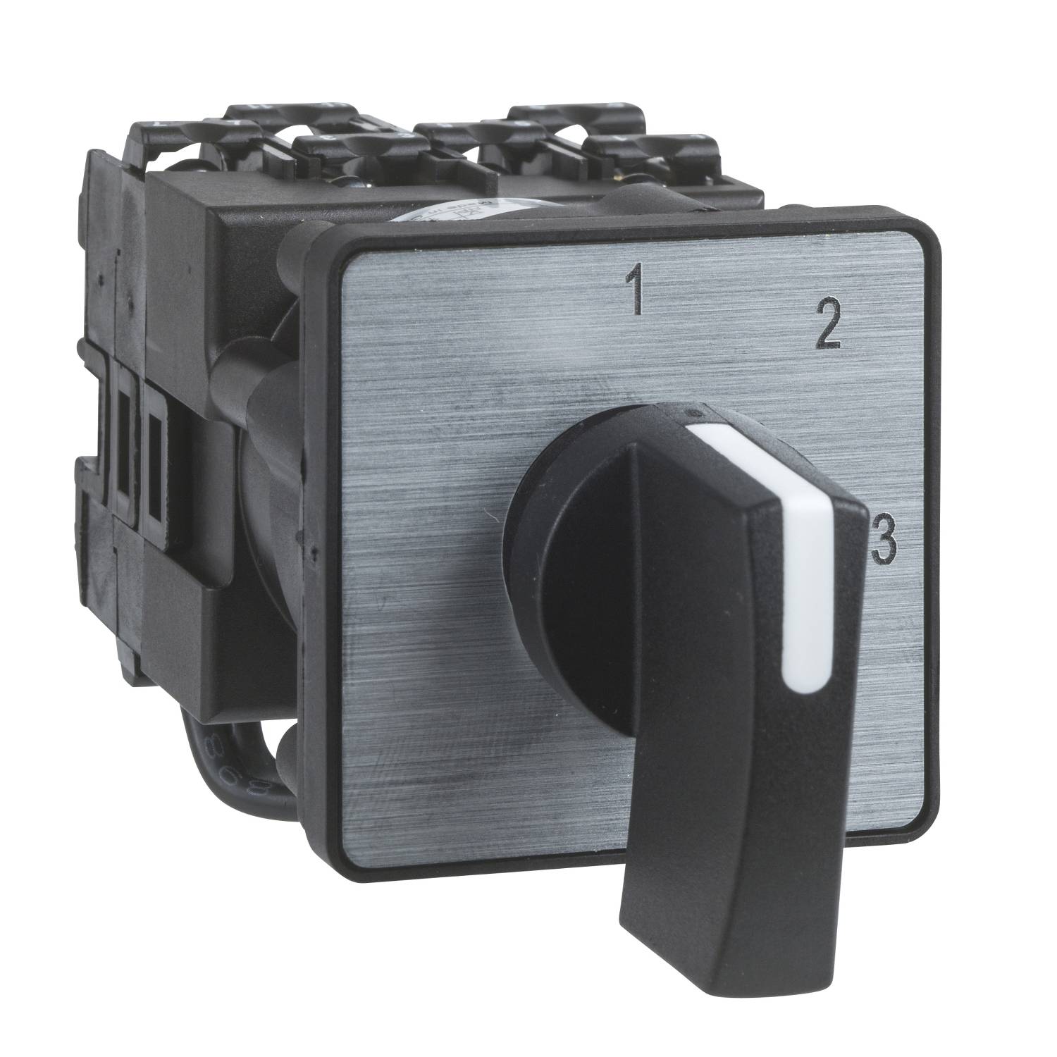 Rotary switch with positions 1, 2 and 3 mounted on a metal plate, lever pointing to position 1.