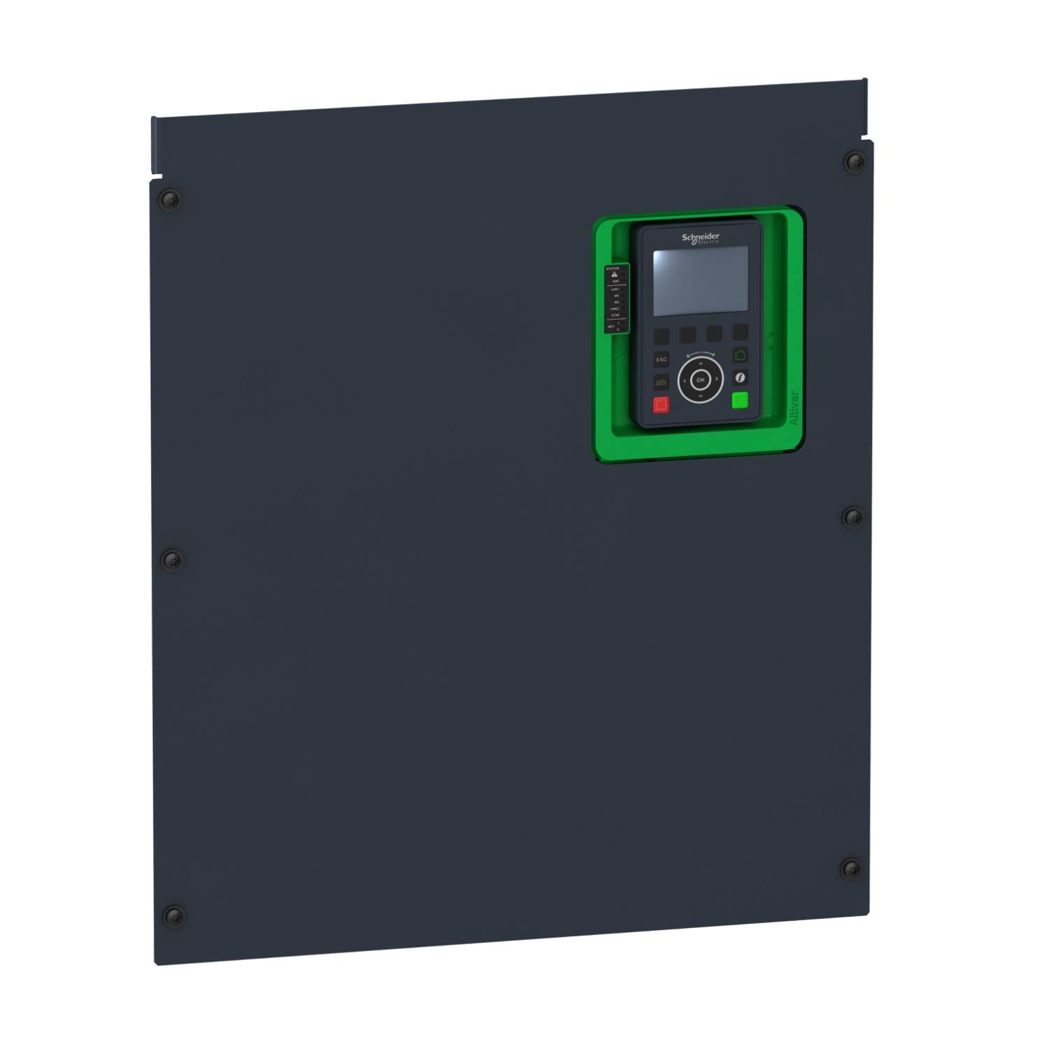 An electronic device with a digital display, encased in a black housing. The display shows buttons and a rotary control.