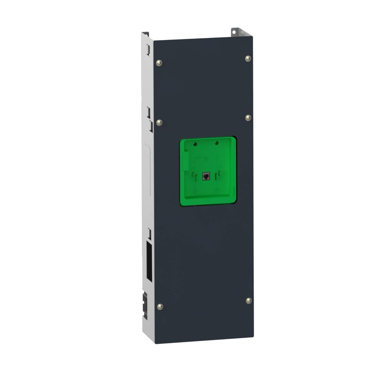Electronic unit in a rectangular form, black at the front with a green transparent section in the middle.